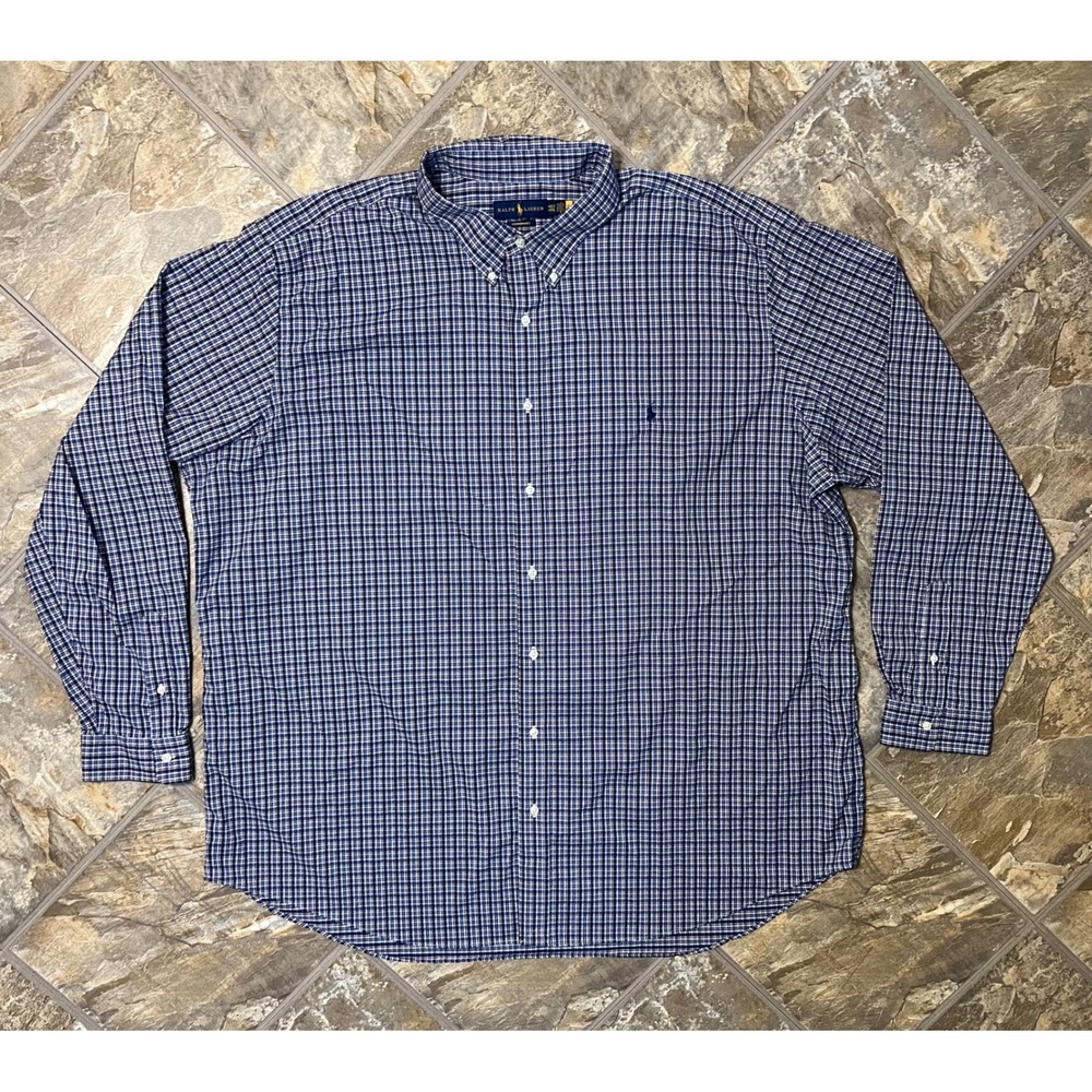 Ralph Lauren Button Down Men 4XLT Blue Plaid Performance Long Sleeve